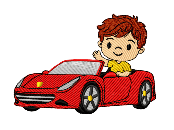 Cute Boy Driving Car Embroidery Design Review for Apparel Projects