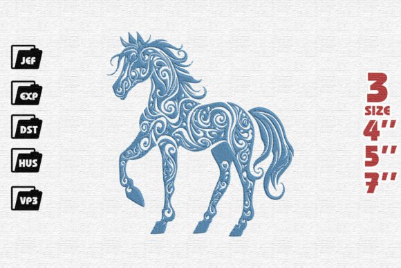 Elegant Ornate Horse with Swirls Embroidery Design in Blue