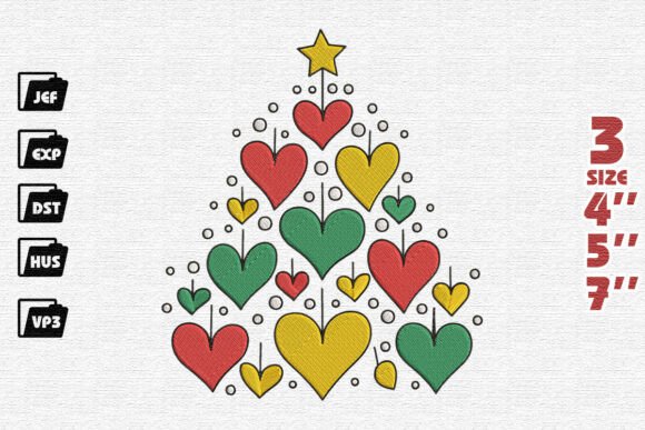 Whimsical Christmas Tree of Hanging Hearts Embroidery Design